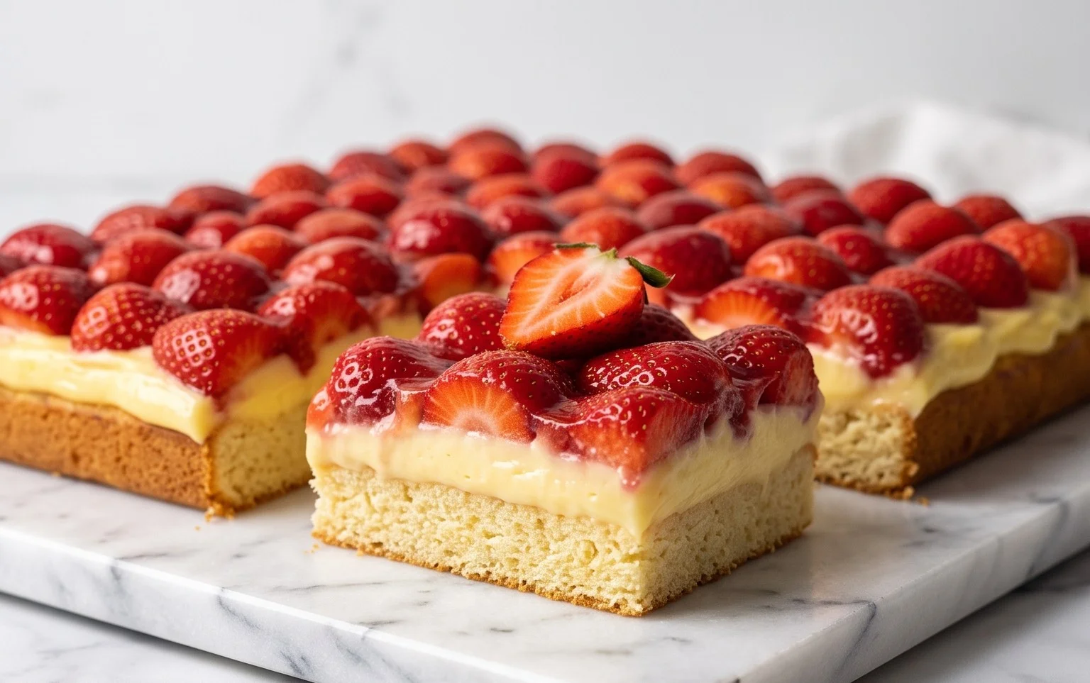 Erdbeerkuchen vom Blech mit Pudding: Blitzschnell & Fruchtig